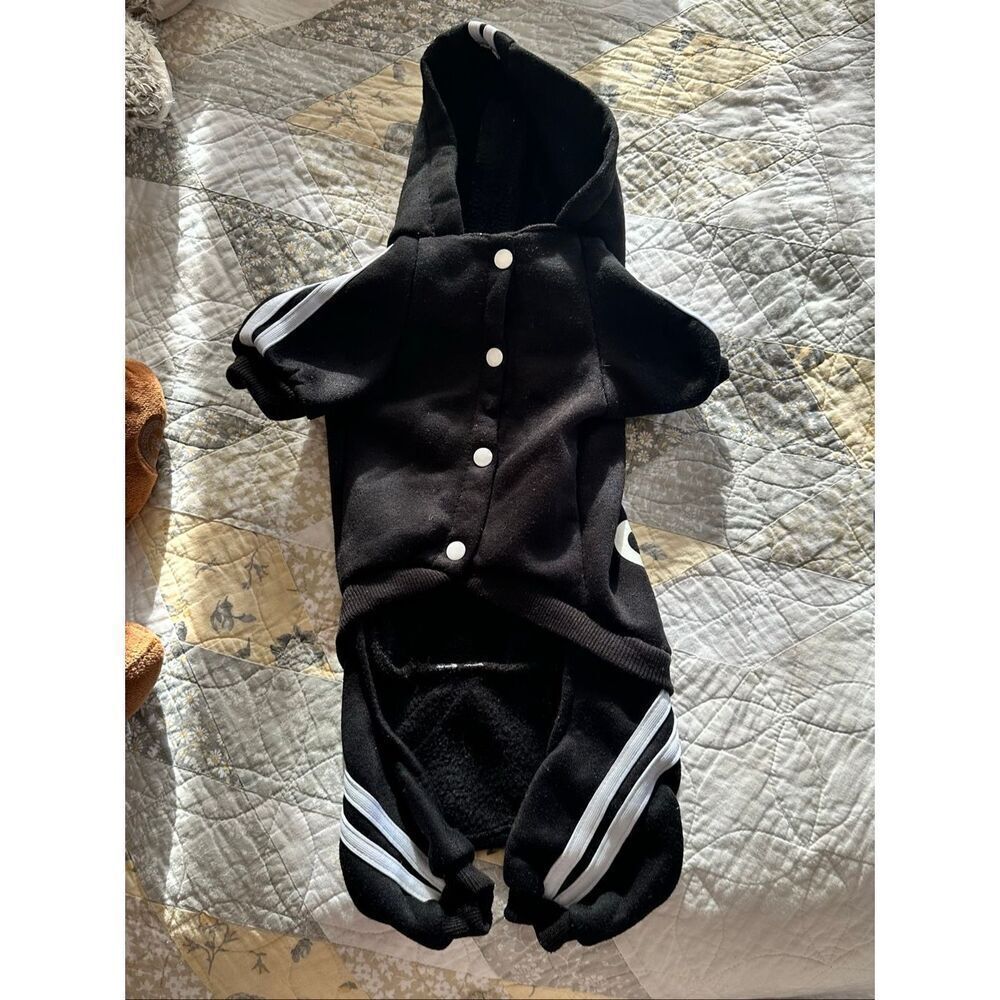 Adidog Sporty Pet Hoodie Tracksuit - Black/White 3-Stripe Dog Jumpsuit Size - Sm - Picture 4 of 4